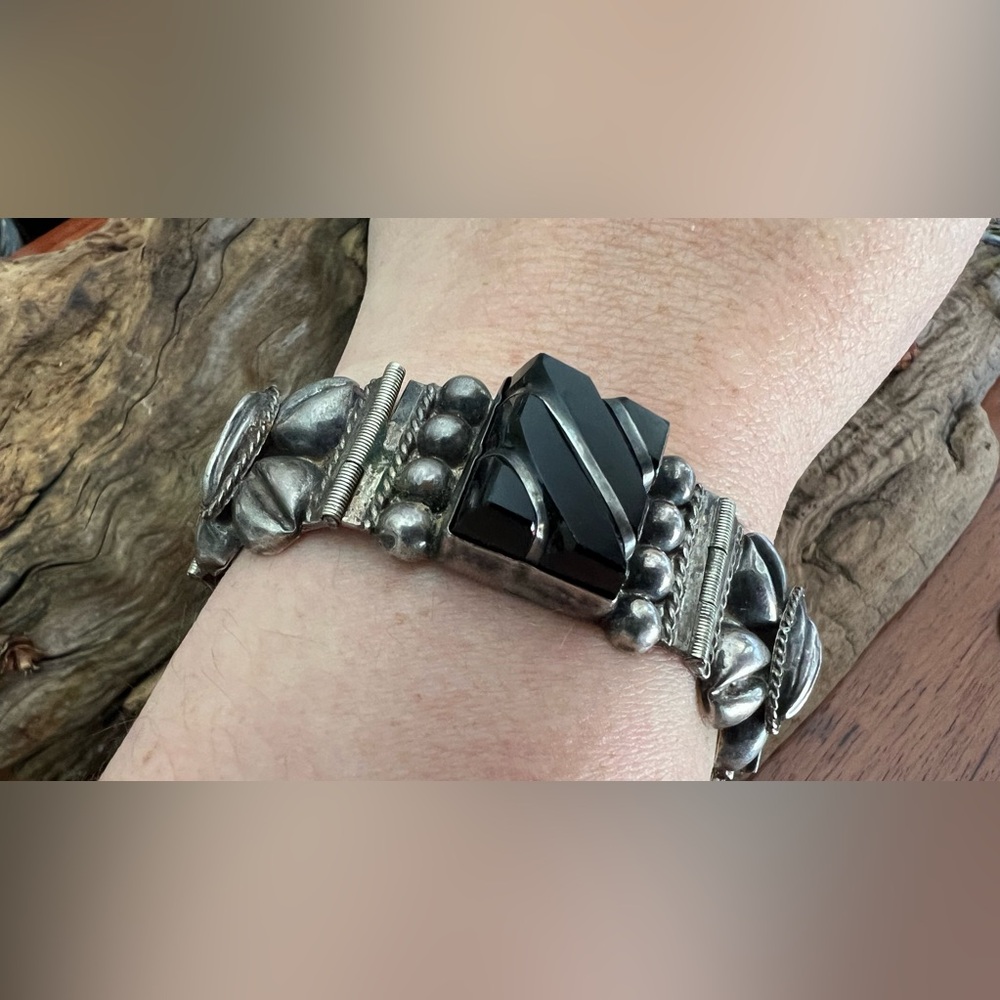 Taxco Mexico Silver CJB Diaz Santoyo Bracelet Panel Onyx Coffee Beans Repurposed